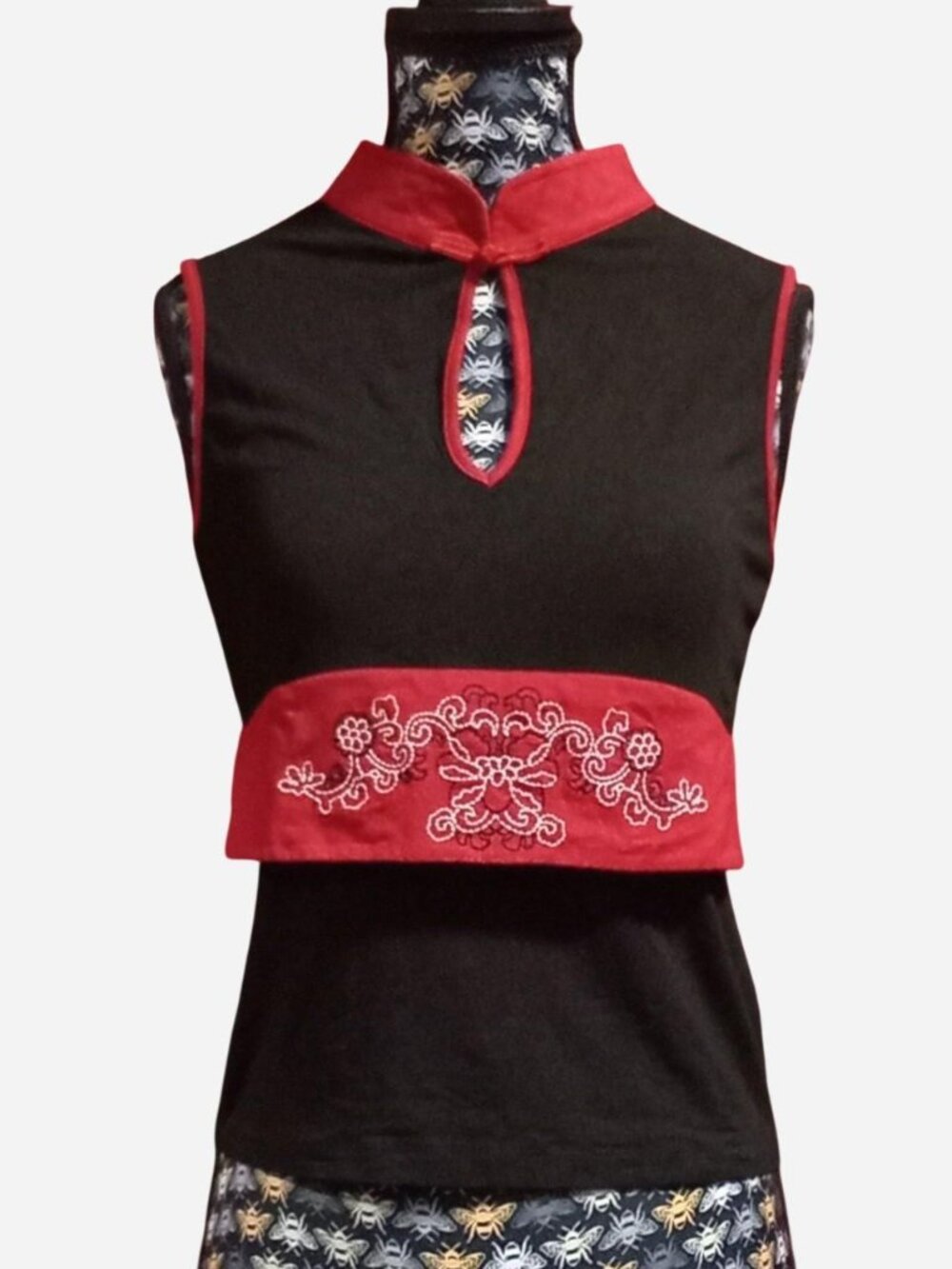 2000s red and black Qipao inspired top J brand